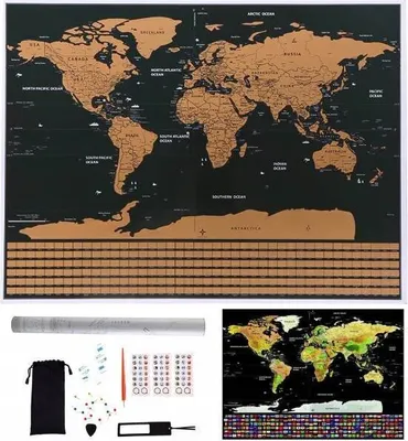 Produktbild von Scratch-Off Weltkarte mit Flaggen, Schwarz und Gold, 82x59 cm + weiteres Zubehör