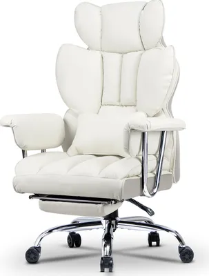 Zdjęcie produktu dla Fotel biurowy z podnóżkiem - Ergonomiczny fotel biurowy z poduszką lędźwiową - Duży fotel biurowy ze skórypoliuretan z wysokim oparciem - Biały