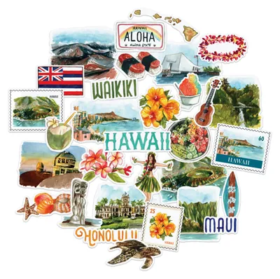 Hawaii Reiseaufkleber (31 Stück) – Aquarell, wasserdicht