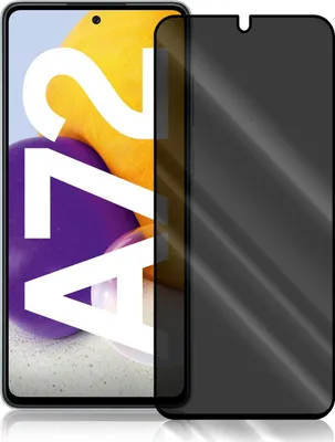 A privacy screen protector for a Samsung Galaxy A72 phone is shown, with large white lettering 'A72' on the phone screen.
