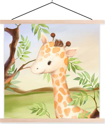 Produktbild von MuchoWow® Textilposter Dschungel - Giraffe - Blätter 60x60 cm mit holzfarbenen Rahmen - Wanddekoration