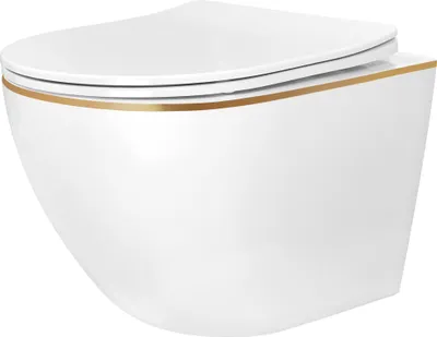 A white wall-mounted toilet with a gold trim around the lid.