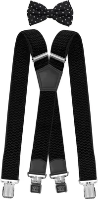 Produktbild von Fabio Farini - 1 Stück Herren Hosenträger Pack 4cm X-Form mit passender Fliege Set Schwarz 4cm Hosenträger - Schwarz/Weiß/Silber Gepunktete Fliege