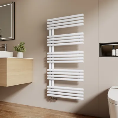 Obrázek produktu pro EMKE Koupelnový radiátor Boční připojení Kulatá trubka bílá Ohřívač ručníků 126,5 x 60 cm 776 W  Ohřívač ručníků Koupelna pro provoz s teplou vodou Montáž na zeď bez topného tělesa