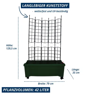 Produktbild von KHW Calypso Pflanzkasten aus hochwertigem Kunststoff auf Rollen mit Bewässerungssystem + modulares Spalier, stabil, wetter-/UV-beständig. Farbe: Grün.
