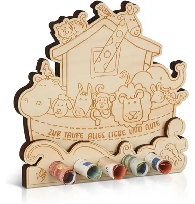 Immagine prodotto di Regalo in denaro per il battesimo, arca di Noè in legno, con busta, adatto a bambini e bambine