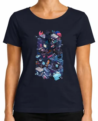 Imagen del producto de Camiseta para mujer con diseño cyberpunk, estilo pixel retro, temática de videojuegos, neón, ciencia ficción, Japón, estética Y2K, vista isométrica. Color: azul marino. Talla: L