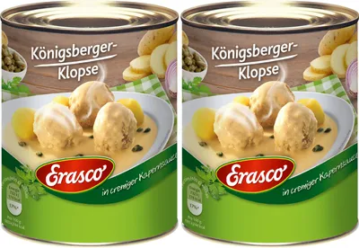 Produktbild von Erasco Königsberger masové kuličky v kaparové omáčce pikantní smetanové 800g balení po 2 ks