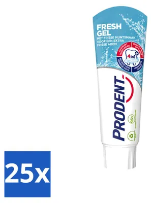 Imagen del producto de 25 tubos de pasta dental Prodent Fresh Gel, 75 ml cada uno. Paquete económico con 25 unidades