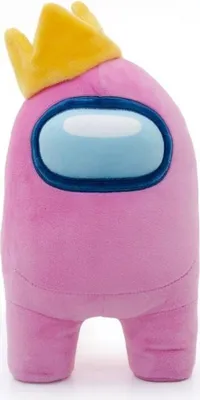 A pink Among Us plush toy wearing a yellow crown, shown against a white background.