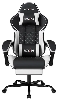 Produktbild von Gamingstuhl - Ergonomischer Bürostuhl - Fußstütze - Lendenwirbelstütze - Höhenverstellbar - Metallrahmen - Mit Armlehnen und Rollen - Schwarz Weiß