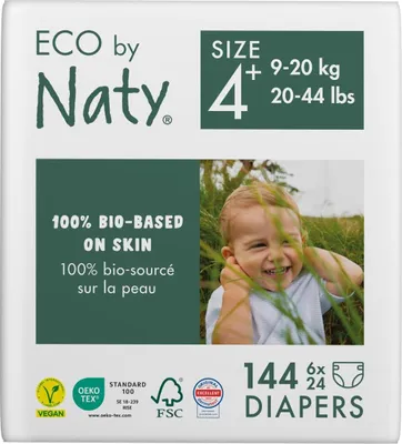 Produktbild von Eco by Naty Baby Öko Windeln - umweltfreundliche PremiumWindeln aus pflanzenbasierten Materialien, ideal für empfindliche Babyhaut (Größe 4+ - 144 Stück) - MONATSBOX