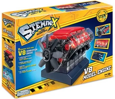 The image shows the packaging of a V8 model engine kit. The packaging features a prominent image of the assembled model engine, along with text and graphics related to the product.