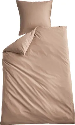A taupe colored duvet cover and pillowcase set laid out on a white background.