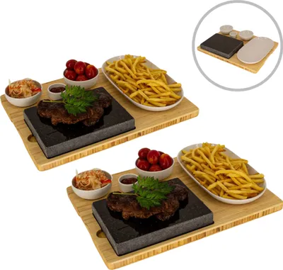Produktbild von Steaková doska z lávového kameňa 2 kusy, servírovacia doska, bambusová doska s horúcim kamenným grilom, steaková grilovacia doska, kamenná doska, stolový gril 2 sady
