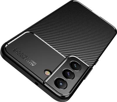 A black smartphone case with a carbon fiber texture is shown from a diagonal angle.