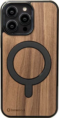 A back view of an iPhone case with a wood grain texture and a magnetic ring for MagSafe charging.