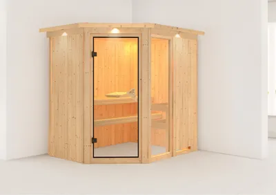 Produktbild von Karibu Sauna Innensauna Fiona 1 Eckeinstieg ohne Zubehör 210x165x202 cm mit Dachkranz