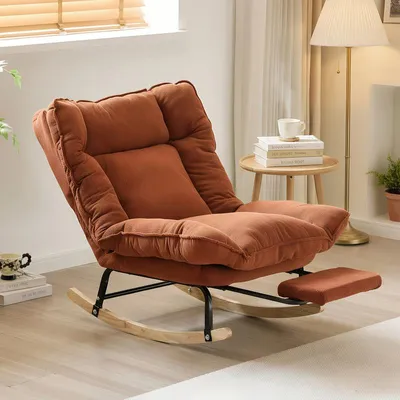 Image de Fauteuil à bascule en velours côtelé (orange) avec dossier réglable et repose-pieds, fauteuil de lecture rembourré pour le salon, la chambre d'enfant ou la chambre à coucher