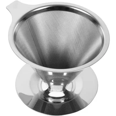 A stainless steel pour-over coffee filter.