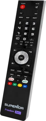 A black remote control with various buttons and labels, presented against a white background.