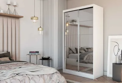 Produktbild von AGMAT Schwebetürenschrank Lores, Kleiderschrank mit 2 Türen, Moderne Garderobe in Farbe: Weiß, Schrank in Größe: 120 x 216 x 61 cm