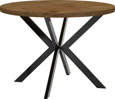 A round wooden dining table with a black metal base.