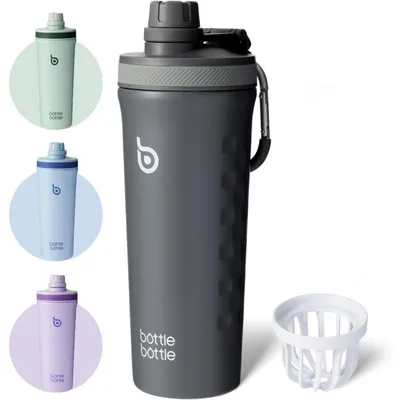 Produktbild von Shaker Edelstahl Trinkflasche 740 ml mit Mischkugel, BPA-frei, doppelwandig, auslaufsicher, Grau