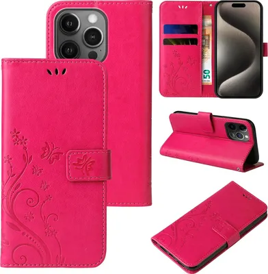 Produktbild von Handyhülle für Apple iPhone 15 Pro Floral Blumen Schmetterling Flip Cover Hülle Case Klapphülle Handytasche Farbe: Pink