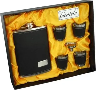 Immagine prodotto di Elegante fiaschetta in custodia di pelle nera con bicchieri Gentelo
