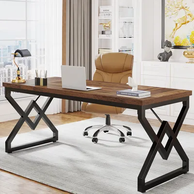 Produktbild von LITTLE TREE Schreibtisch, 160 x80 x 75cm Großer Büro-Computertisch mit extra Dicker Holztischplatte und Metallrahmen, einfacher Chefschreibtisch