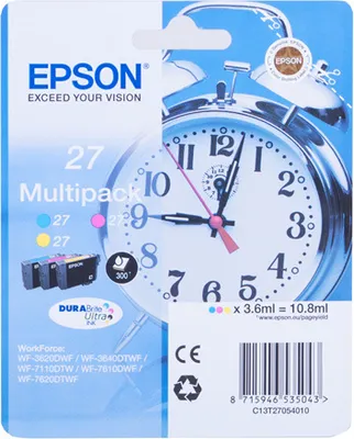 Produktbild von Epson Alarm clock Multipack 3-colour 27 DURABrite Ultra Ink, Cyan, Magenta, Gelb, Tinte auf Pigmentbasis, 3,6 ml, 1 Stück(e), Multipack