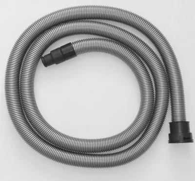 A coiled vacuum cleaner hose with black connectors on both ends, laid out on a white background.