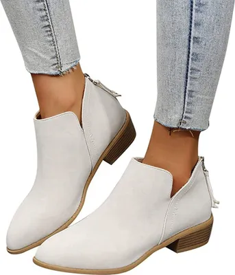 Produktbild von ASKSA Damen V Cut Kurzschaft Stiefel Spitz Niedriger Absatz Stiefeletten, Weiß, Größe: 41