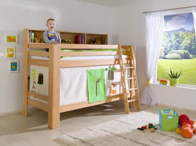 Produktbild von Etagenbett Jan Buche Natur lackiert mit Bücherregal 90x200 cm
