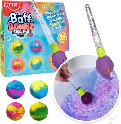Produktbild von Zimpli Kids Baff Bombz Magic Brush, 4 x Badebomben, malen Sie Ihr Badewasser magisch, Taschengeld Kreatives Spielzeug für Kinder, Geburtstagsgeschenke für Jungen & Mädchen, Feuchtigkeitsspendende