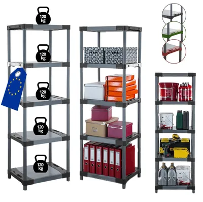 Produktbild von MODO24 Kunststoffregal, 5 Ablagen, 120kg/Boden, Schwerlast, Steckregal, Lagerregal, Plastikregal, Werkstatt, 180x70x46?cm, Grau, JUPITER