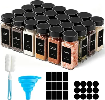 Produktbild von Gewürzmühle Gewürzdosen, Set mit 24 quadratischen, luftdichten Gewürzdosen, Glas, 120 ml, mit Deckel und Streueinsatz, 340 Etiketten, Trichter, Sieben