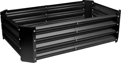 A black metal raised garden bed is shown against a white background.