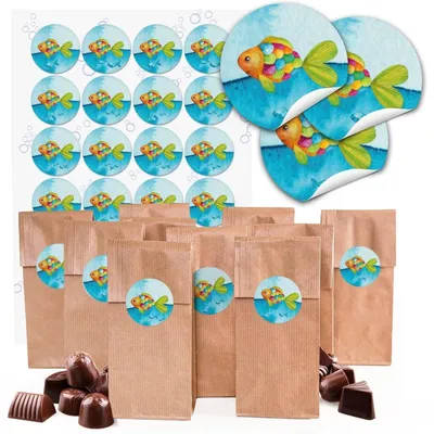 Produktbild von 24 braune natur DANKE-SCHÖN Tüte weiß grün 7 x 4 x 20,5 cm + 24 runde Aufkleber GEPUNKTET 4 cm Verpackung Gastgeschenk Mitgebsel give-away lebensmittel-echt Papiertüte Geschenktüte Boden-Beutel GebäckRegenbogenfisch / 10 Stück