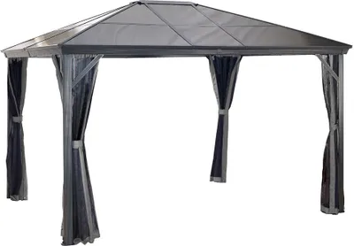 A gray gazebo with dark gray curtains, isolated on a white background.