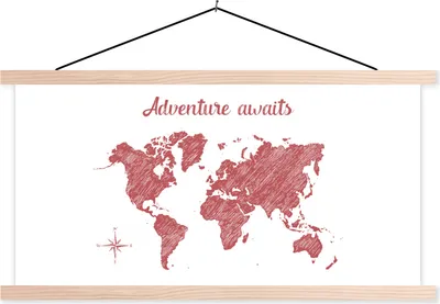 Produktbild von MuchoWow® Textilposter Weltkarte - Rot - Zitat 60x30 cm mit holzfarbenen Rahmen - Dekoration