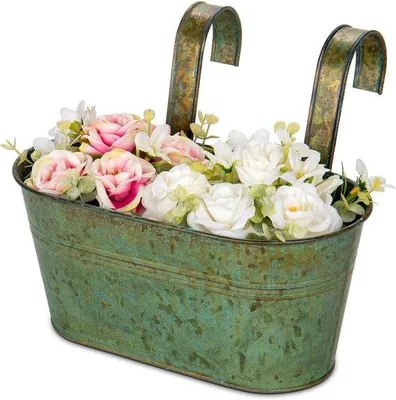 Immagine prodotto di 2 vasi sospesi per piante - zincati - con ganci rimovibili - Vasi da fiori vintage in metallo per interni ed esterni - Decorazioni per balconi
