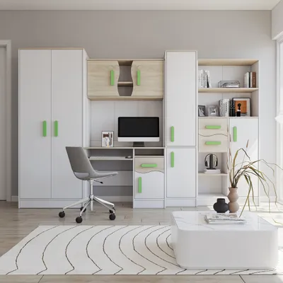 Produktbild von Jugendzimmer Wohnwand Kinderzimmer 300 cm Weiß/Sonoma mit grüne Griffe Markus