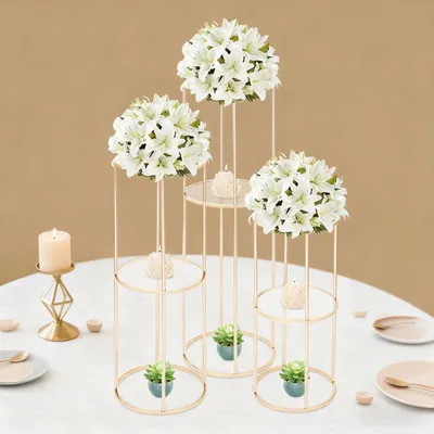 Image de Ensemble de supports pour fleurs - Socles ronds - 3 pièces - Métal - Hauteur 100 cm - Pour mariage, anniversaire, décoration de fête - Or