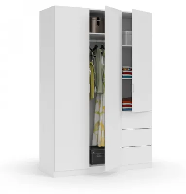 Produktbild von Garderobe Fullerton, Schlafzimmerschrank mit 3 Türen und 3 Schubladen, Schrank mit 3 Einlegeböden und Kleiderstange, 135x52h200 cm, Weiß