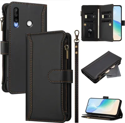 Image de Etui pour Huawei P30 Lite, fermeture éclair, étui portefeuille en cuirPolyuréthaneavec pochettes pour cartes, support et dragonne noir