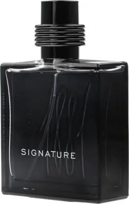 A black perfume bottle with the word "SIGNATURE" printed on it.