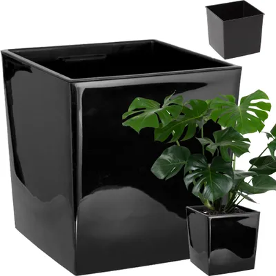 A black square planter with a plant inside, and a smaller black square planter in the background.