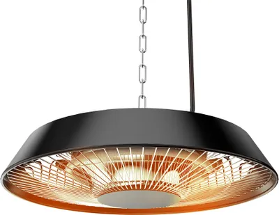 A black ceiling heater with a gold-colored grate and heating elements, suspended by a silver chain against a white background.